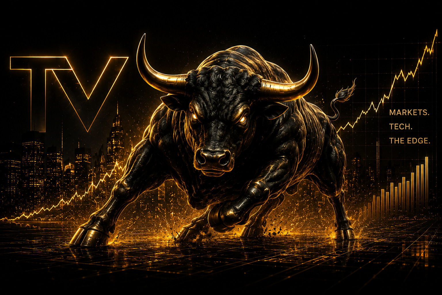 Gold-lit bull artwork in a financial district